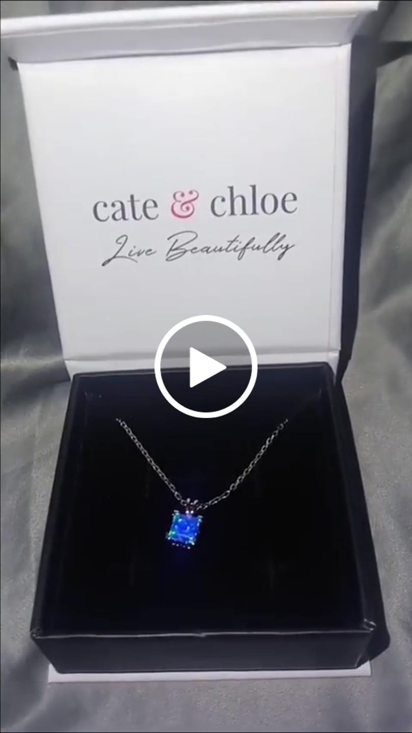 Customer video review of Amphitrite 18k White Gold Plated Pendant Necklace with Princess Cut Opal Stone