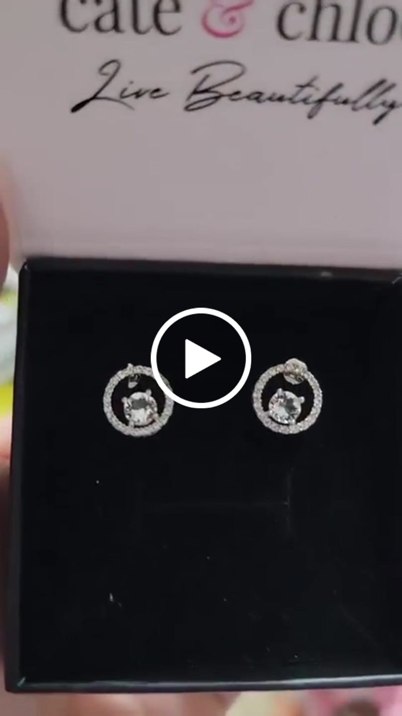 Customer video review of Reign 18k White Gold Plated Halo Drop Stud Earrings with Swarovski Crystals