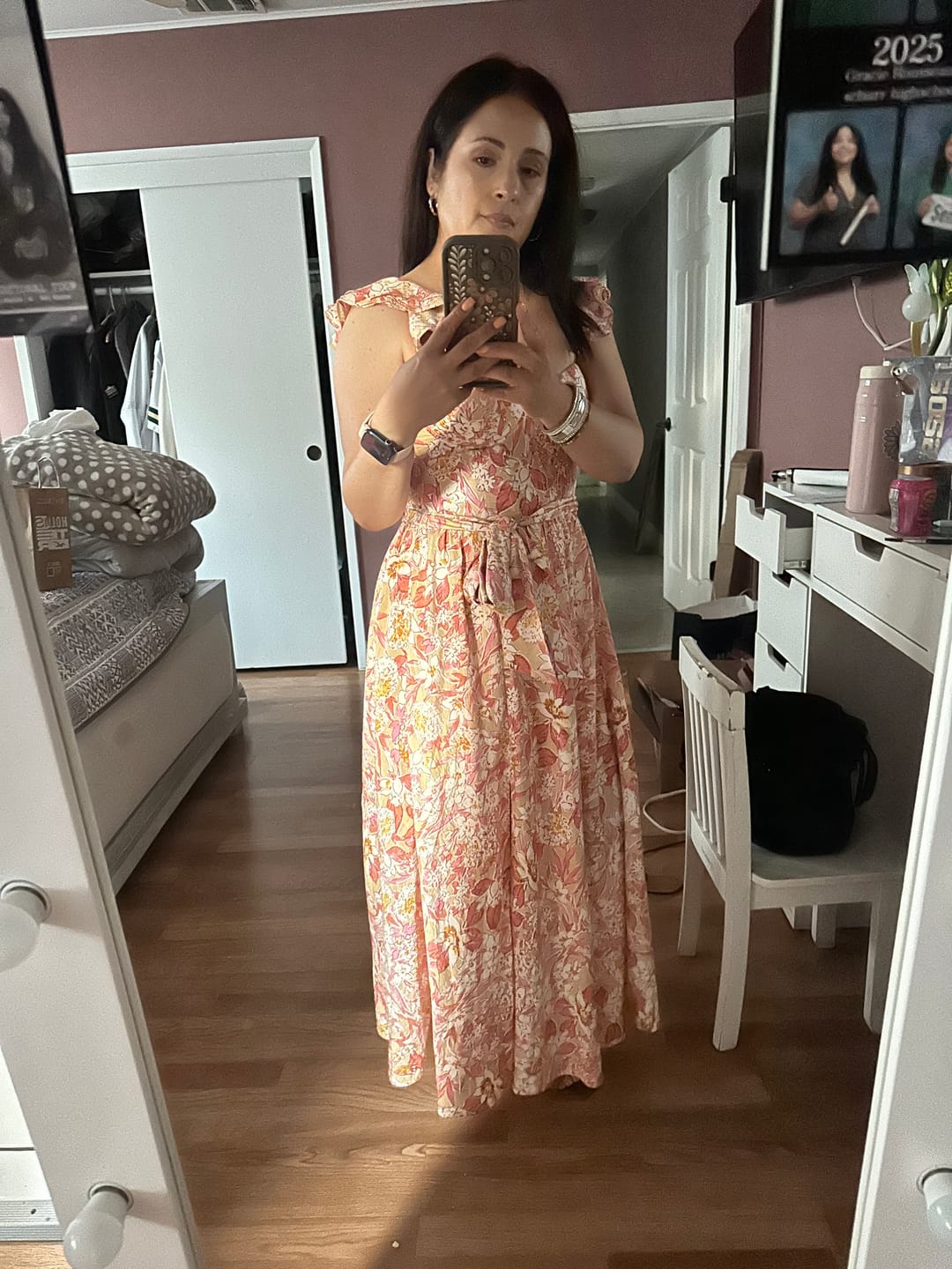 Customer photo review of Valeria Corset Ruffle Midi Dress – Sunset Floral