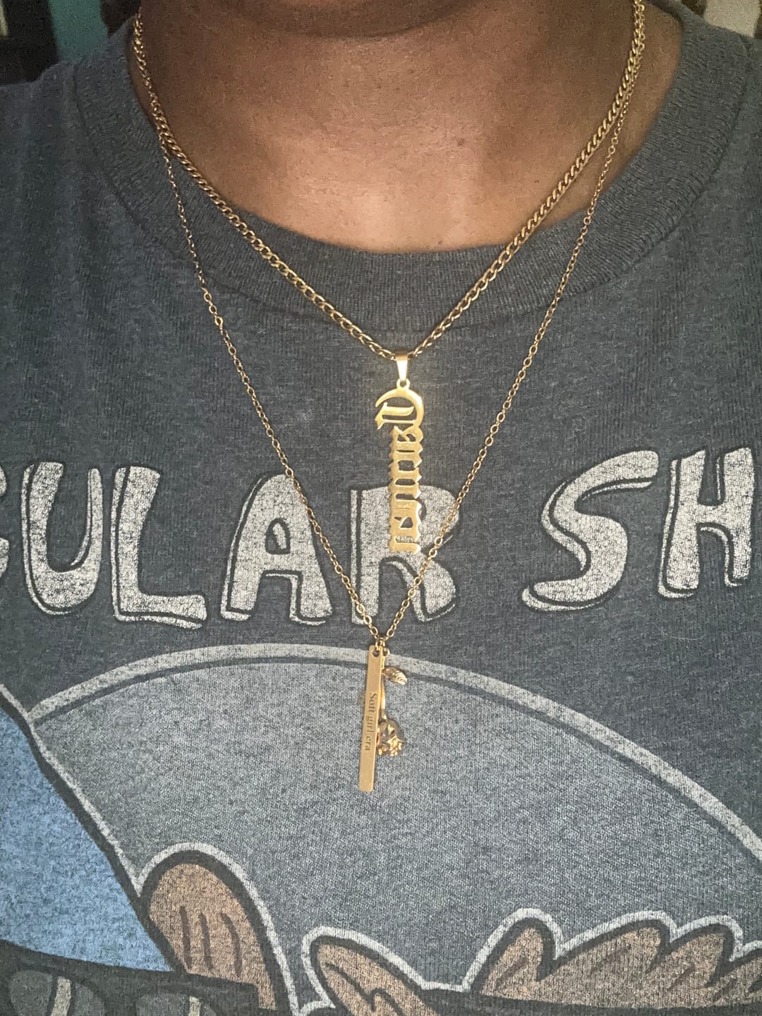 Customer photo review of Vertical Gothic Name Necklace w/ Cuban Chain