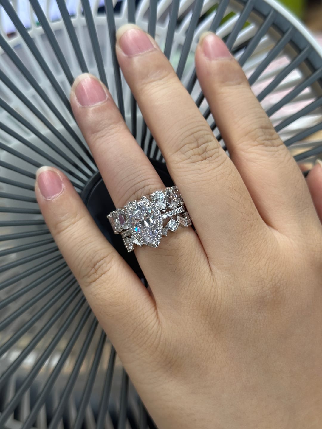 Customer photo review of S925 2.2 Carat Halo Pear Cut Wedding Ring Set With Two Luxurious Wedding Bands For Women
