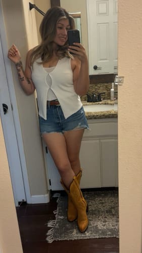 Customer photo review of Dan Post Ladies Sunrise Canyon Mustard Yellow Western Tall Boots DP7030