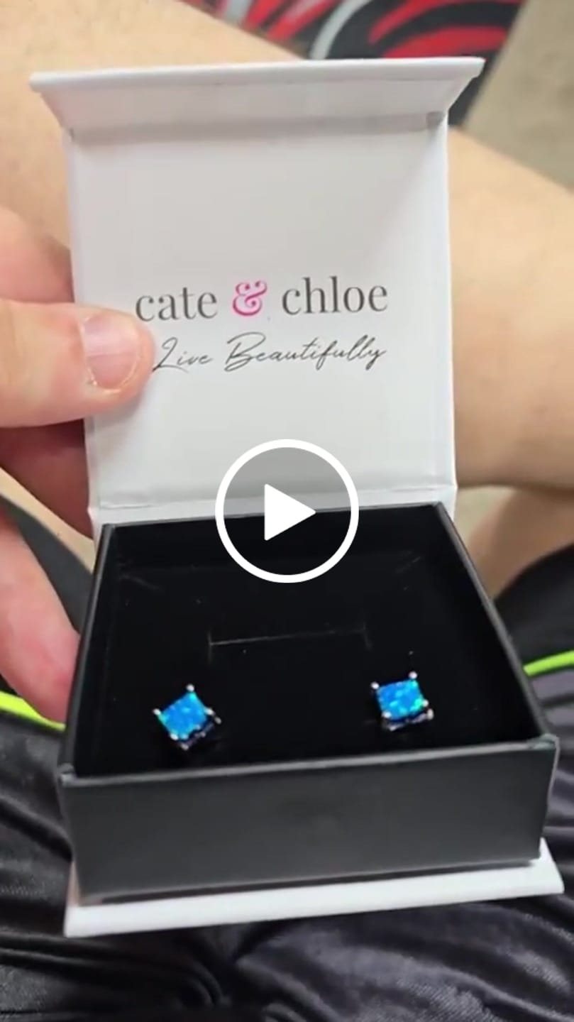 Customer video review of Amphitrite 18k White Gold Plated Stud Earrings with Princess Cut Opal Stones