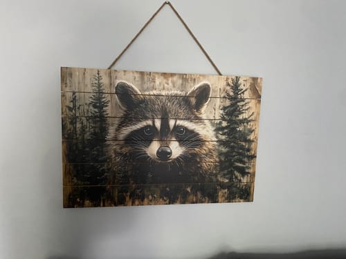 Customer photo review of Rustic Raccoon In Pine Trees Distressed Wood Wall Art