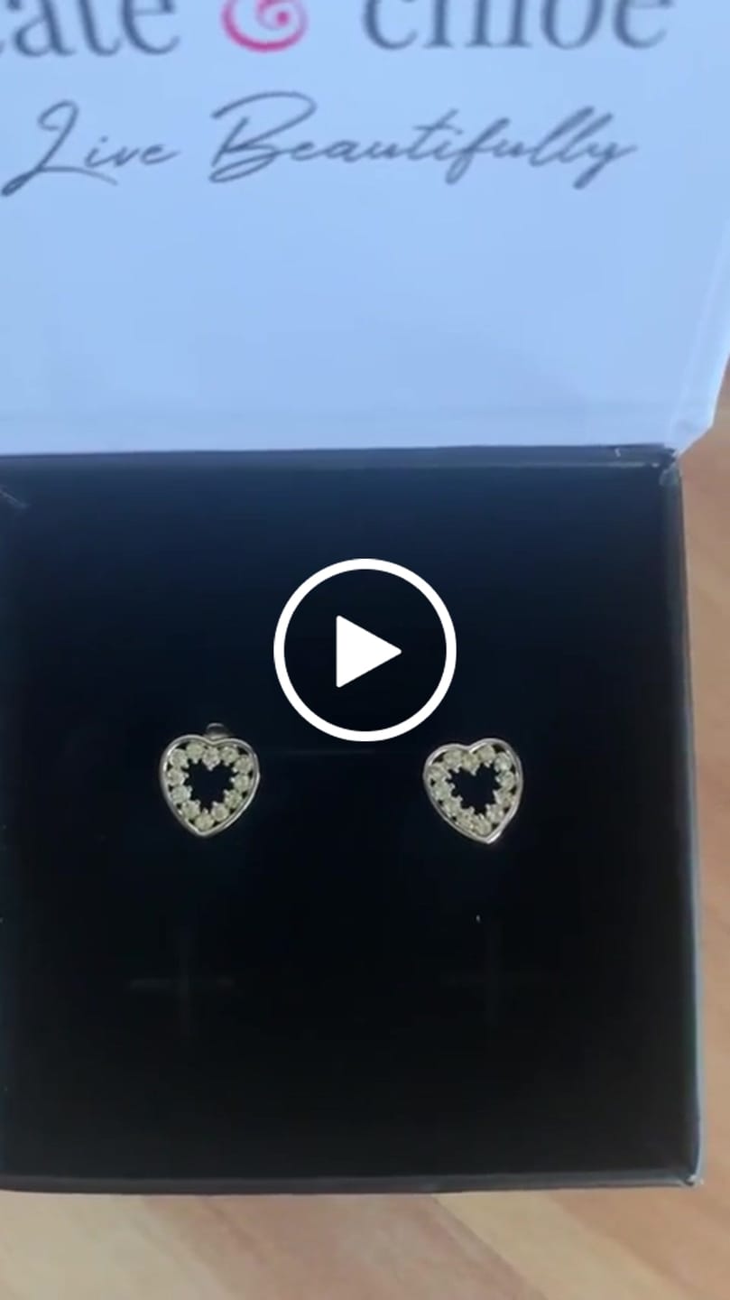 Customer video review of Coraline 18k White Gold Plated Silver Heart Stud Earrings with Simulated Diamond Crystals