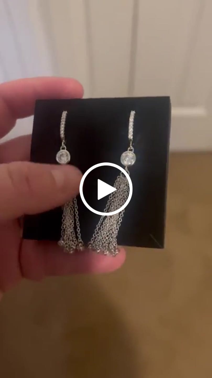 Customer video review of Jackie 18k White Gold Plated Dangle Tassel Earrings with Simulated Diamond Crystals