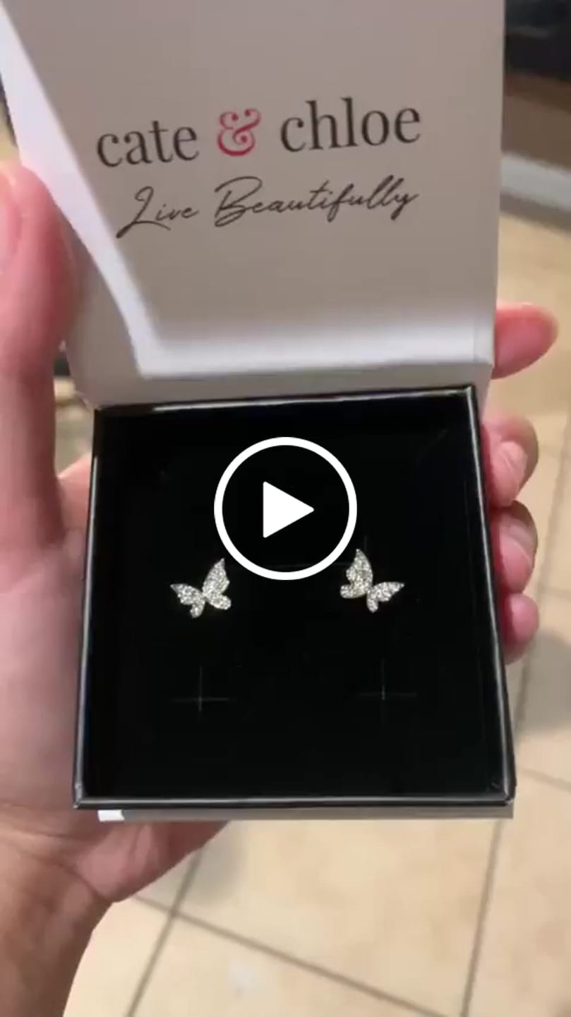 Customer video review of Yuenen 18k White Gold Plated Silver Butterfly Stud Earrings with Swarovski Crystals