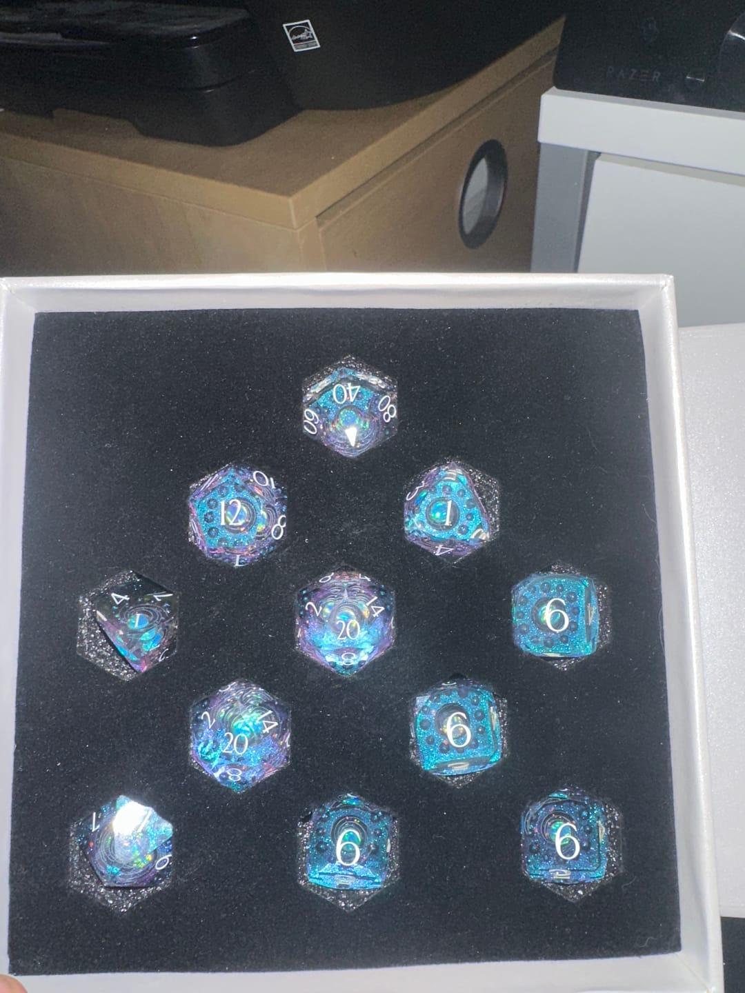 Customer photo review of URWizards D&D Multi-faceted Real Opal Gemstone Bead Dice Set