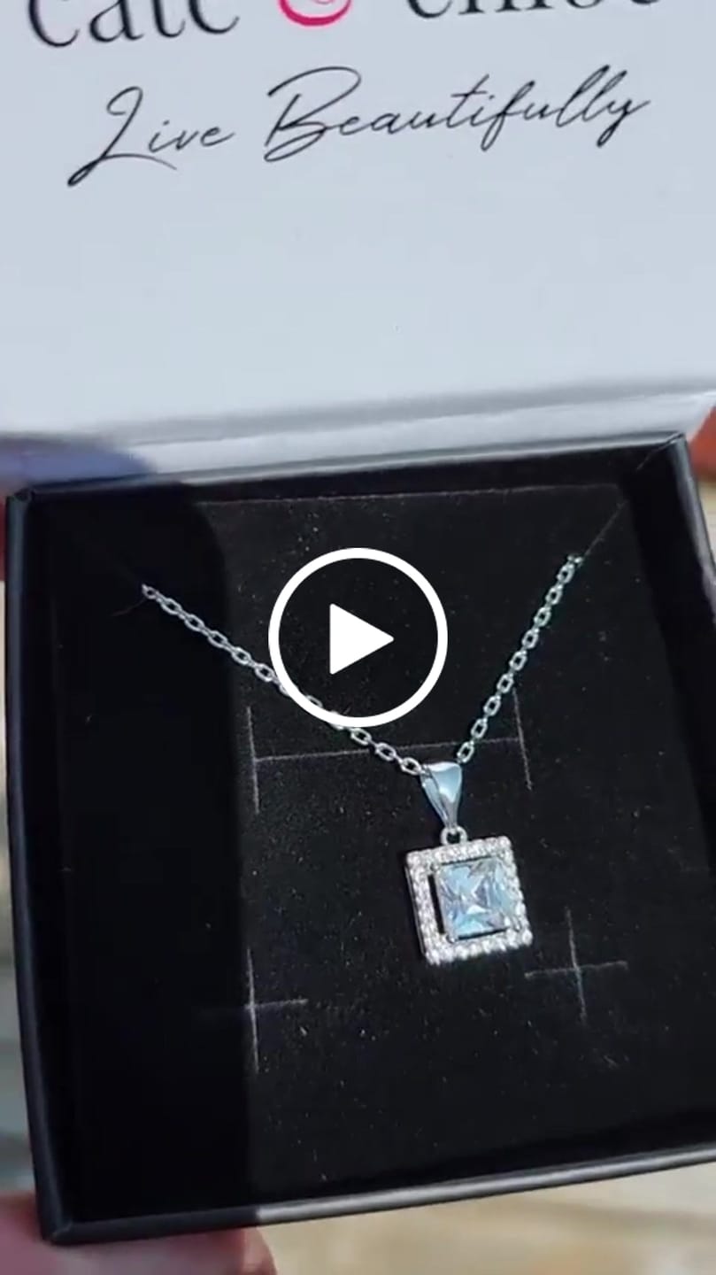 Customer video review of Ekatrina 18k White Gold Plated Halo Pendant Necklace with Sparkling Square Cut Swarovski Crystal