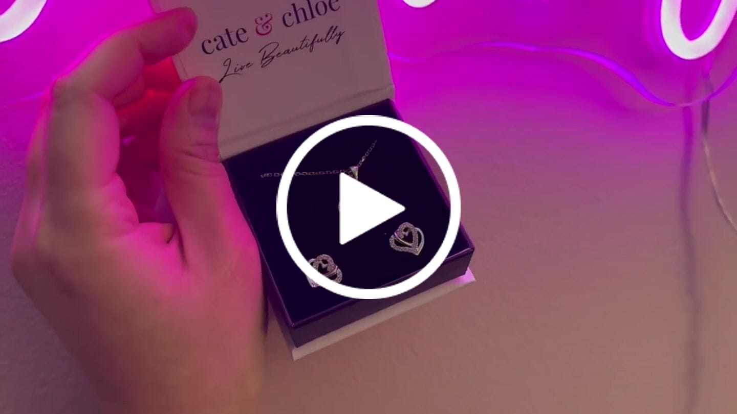 Customer video review of Angela 18k White Gold Plated Double Heart Stud Earrings and Necklace Set with Swarovski Crystals