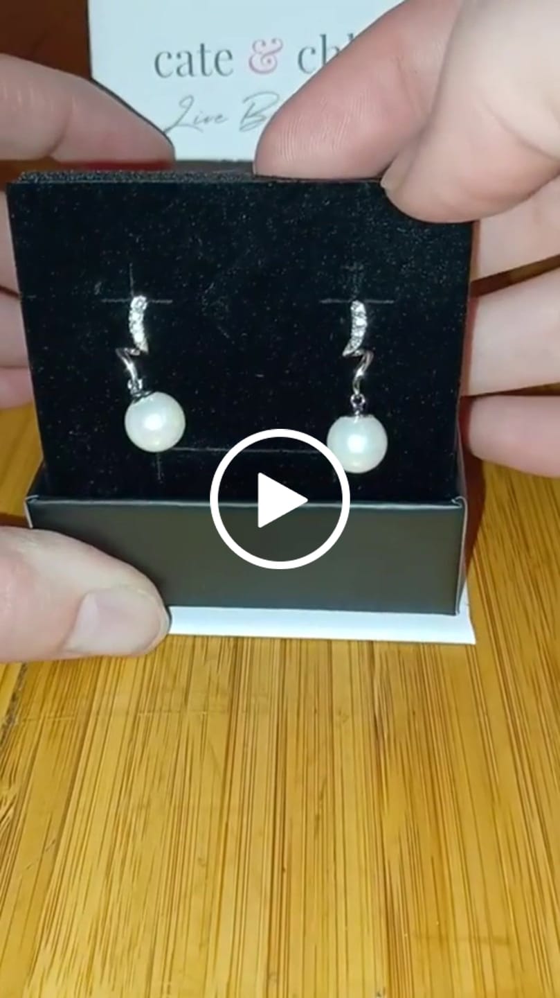 Customer video review of Ophelia 18k White Gold Plated Dangle Pearl Earrings with Swarovski Crystals