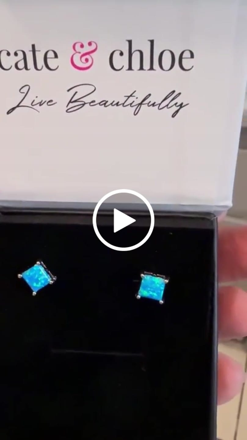 Customer video review of Amphitrite 18k White Gold Plated Stud Earrings with Princess Cut Opal Stones