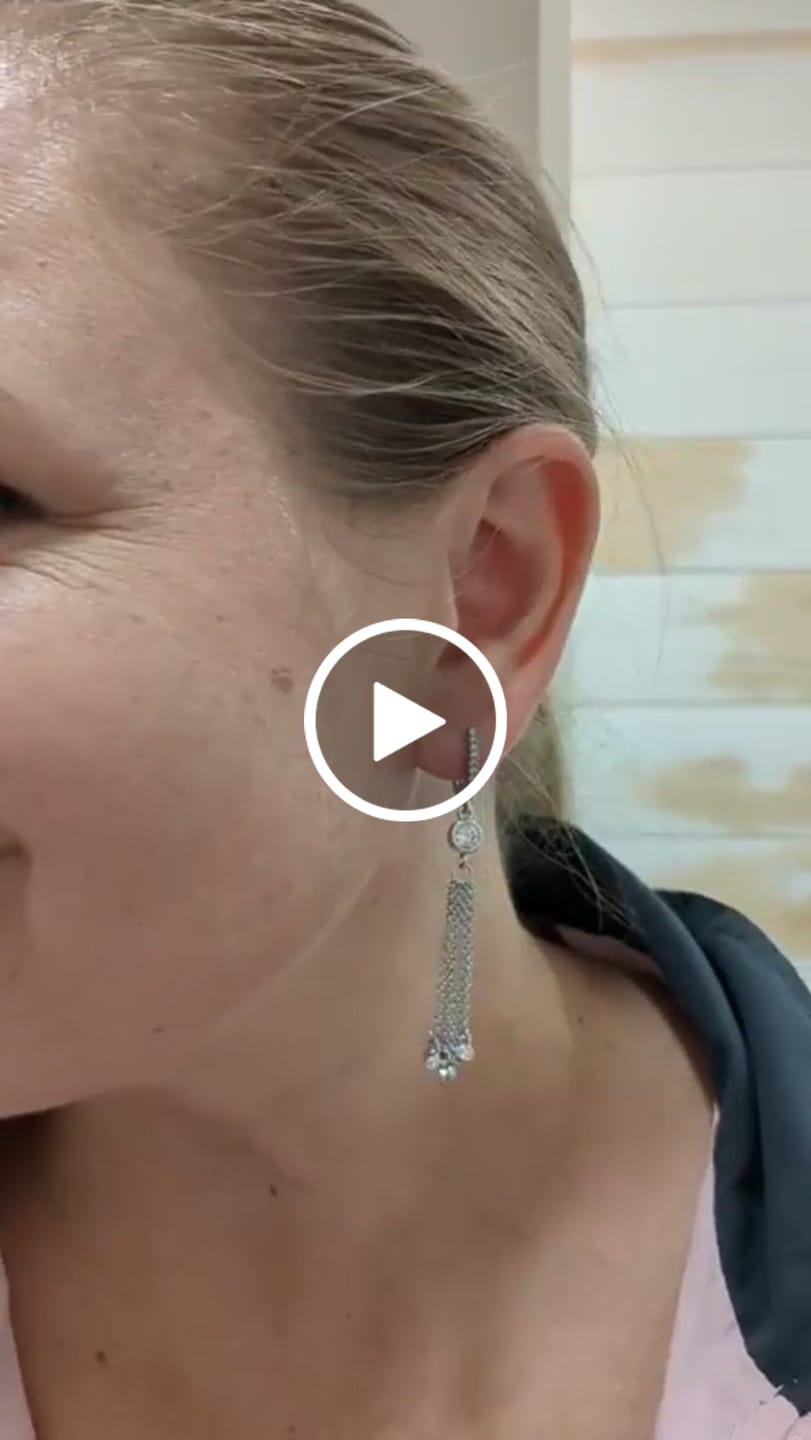 Customer video review of Jackie 18k White Gold Plated Dangle Tassel Earrings with Simulated Diamond Crystals