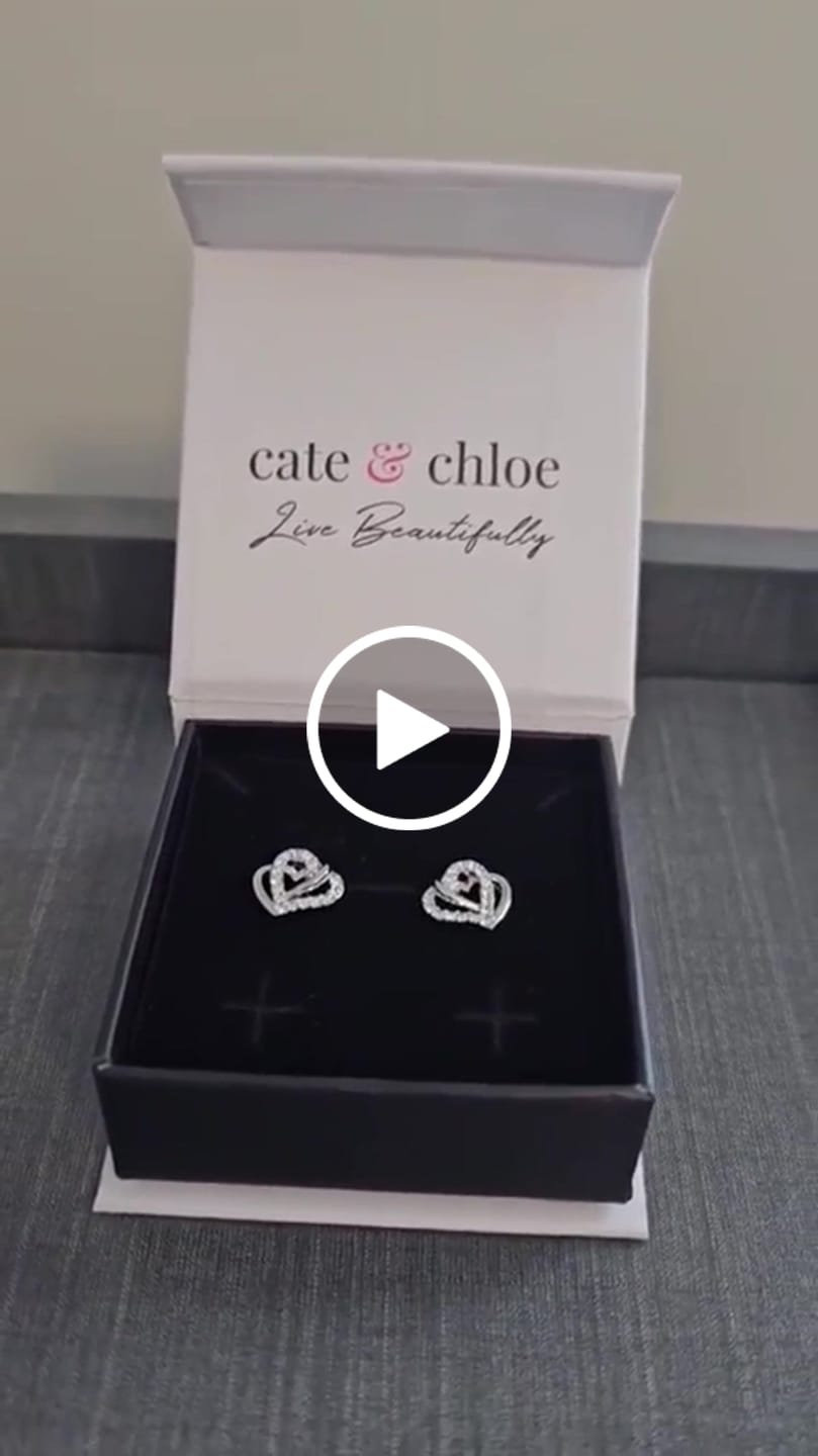 Customer video review of Angela 18k White Gold Plated Silver Double Heart Stud Earrings with Swarovski Crystals