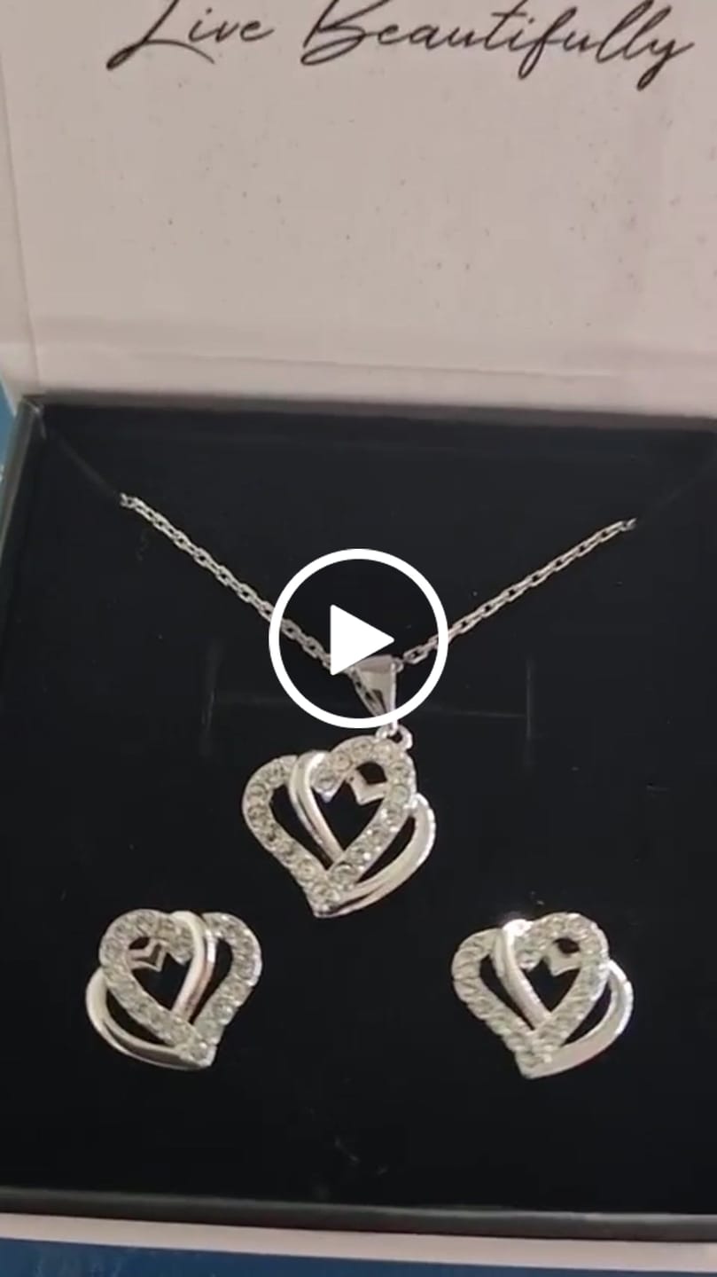 Customer video review of Angela 18k White Gold Plated Double Heart Stud Earrings and Necklace Set with Swarovski Crystals