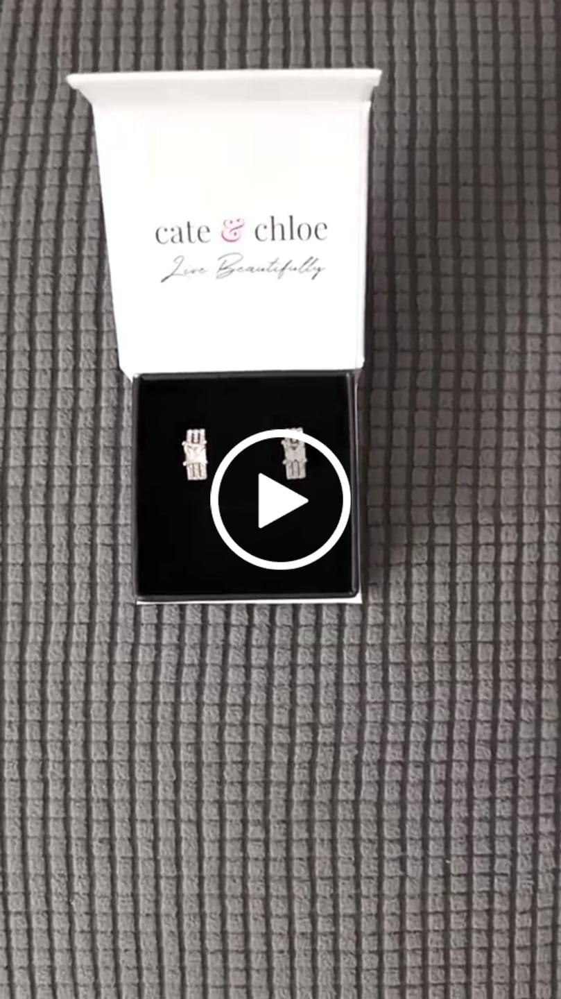 Customer video review of Fiona 18k White Gold Stud Plated Earrings with Princess Cut Swarovski Crystals