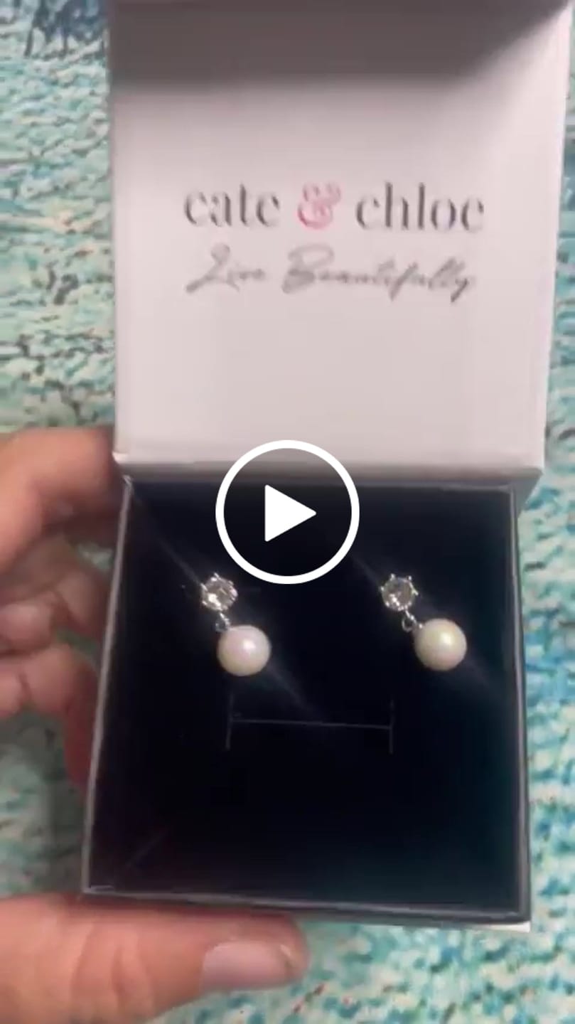 Customer video review of Kyra 18k White Gold Plated Pearl Drop Earrings with Swarovski Crystals