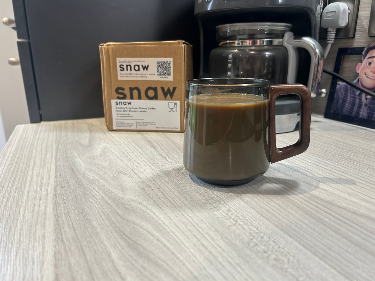 Customer photo review of Smokey Gray Glass Slanted Coffee Cups With Wooden Handle
