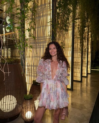 Customer photo review of Women Mesh Patchwork Flower Print Mini Dress Elegant V-neck Short Sleeve High Waist A-line Dresses 2025 New High Street Vestidos