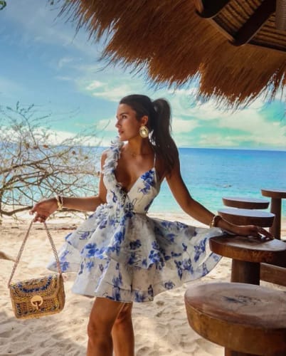 Customer photo review of 3D Flowers Lace Up Halter Dress Woman Printed Layered Backless Deep V-Neck Pleated Puffy Dress Fashion Women Summer Beach Dress