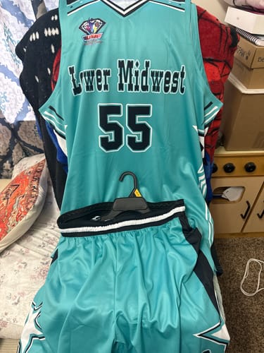 Customer photo review of Custom Aqua Black Star Graffiti Pattern Sports Uniform Basketball Jersey