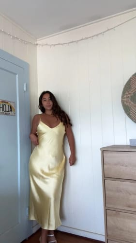 Customer photo review of Yellow Elegant Stain Women's Sling Dress Sexy Backless Sleeveless V Neck High Waist Evening Gown Summer Chic Lady Partywear 2025