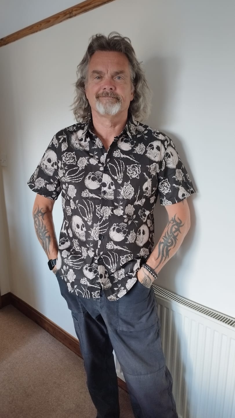 Customer photo review of Men's Skull Rose Floral Punk Rock and Roll Cool Button Up Shirt