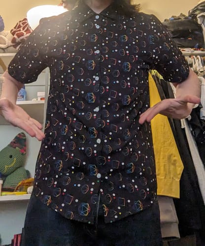 Customer photo review of Clearance Ready-to-Ship Rainbow LGBTQ+ Pride DND Dice Button Up Shirt