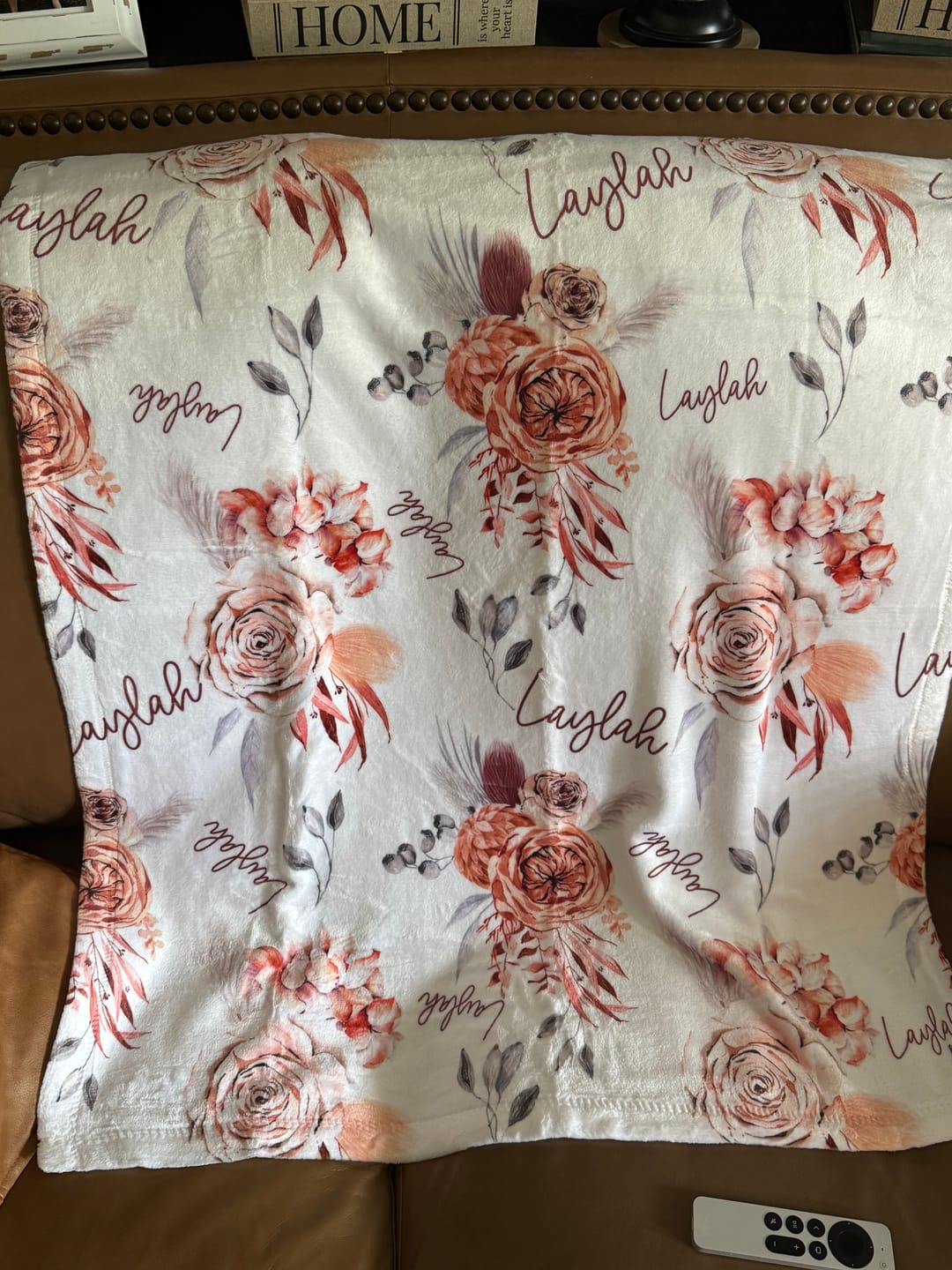 Customer photo review of Boho caramel floral personalized baby girl blanket