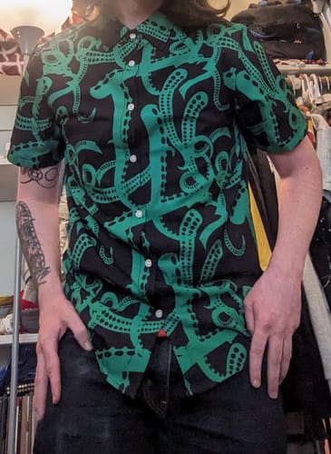 Customer photo review of Clearance Ready-to-Ship Tentacles of Cthulhu Green Button Up Shirt