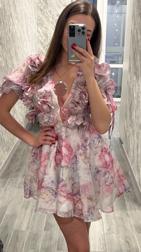 Customer photo review of Women Mesh Patchwork Flower Print Mini Dress Elegant V-neck Short Sleeve High Waist A-line Dresses 2025 New High Street Vestidos