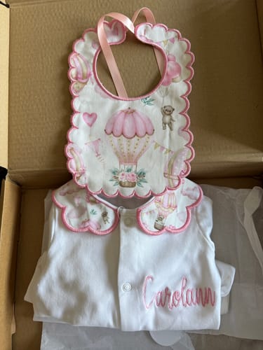 Carol R. review of PERFECT LITTLE THING Girls Pink Hot Air Balloon Handmade Sleepsuit And Scallop Bib image 1 out of 1