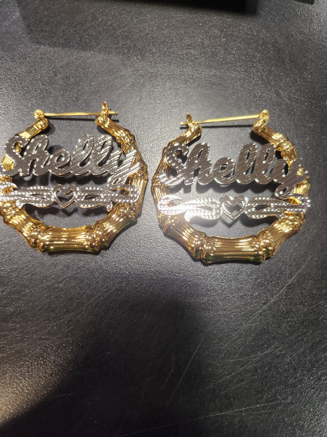 Customer photo review of Double Plated Heart Outline Bamboo Name Hoop Earrings