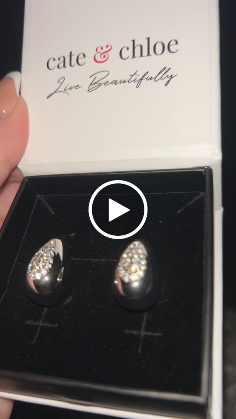 Customer video review of Sally 18k White Gold Plated Tear drop Stud Earrings with Swarovski Crystals