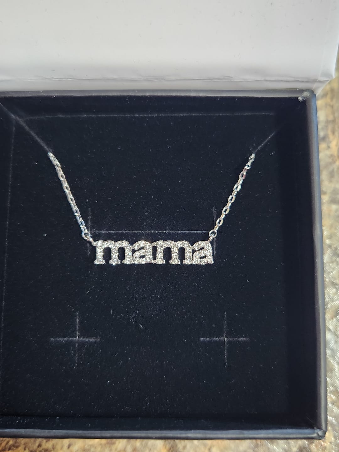 Customer photo review of Kelly 18k White Gold Plated Mama Necklace with Swarovski Crystals