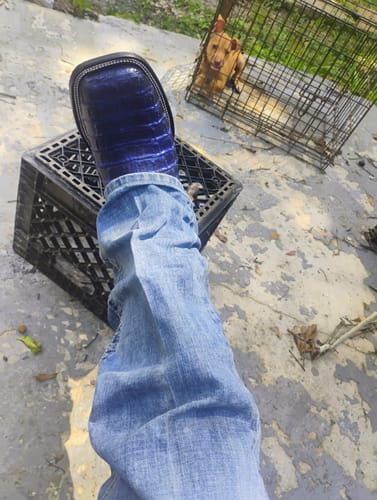 Customer photo review of Black/Royal Blue Caiman Hornback Leather Boots - Square Toe
