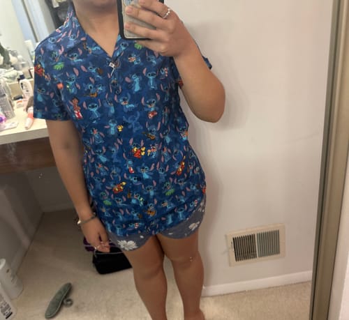 Customer photo review of Disney's Lilo & Stitch "Stitch Being Stitch" – Women's KUNUFLEX Short Sleeve Shirt