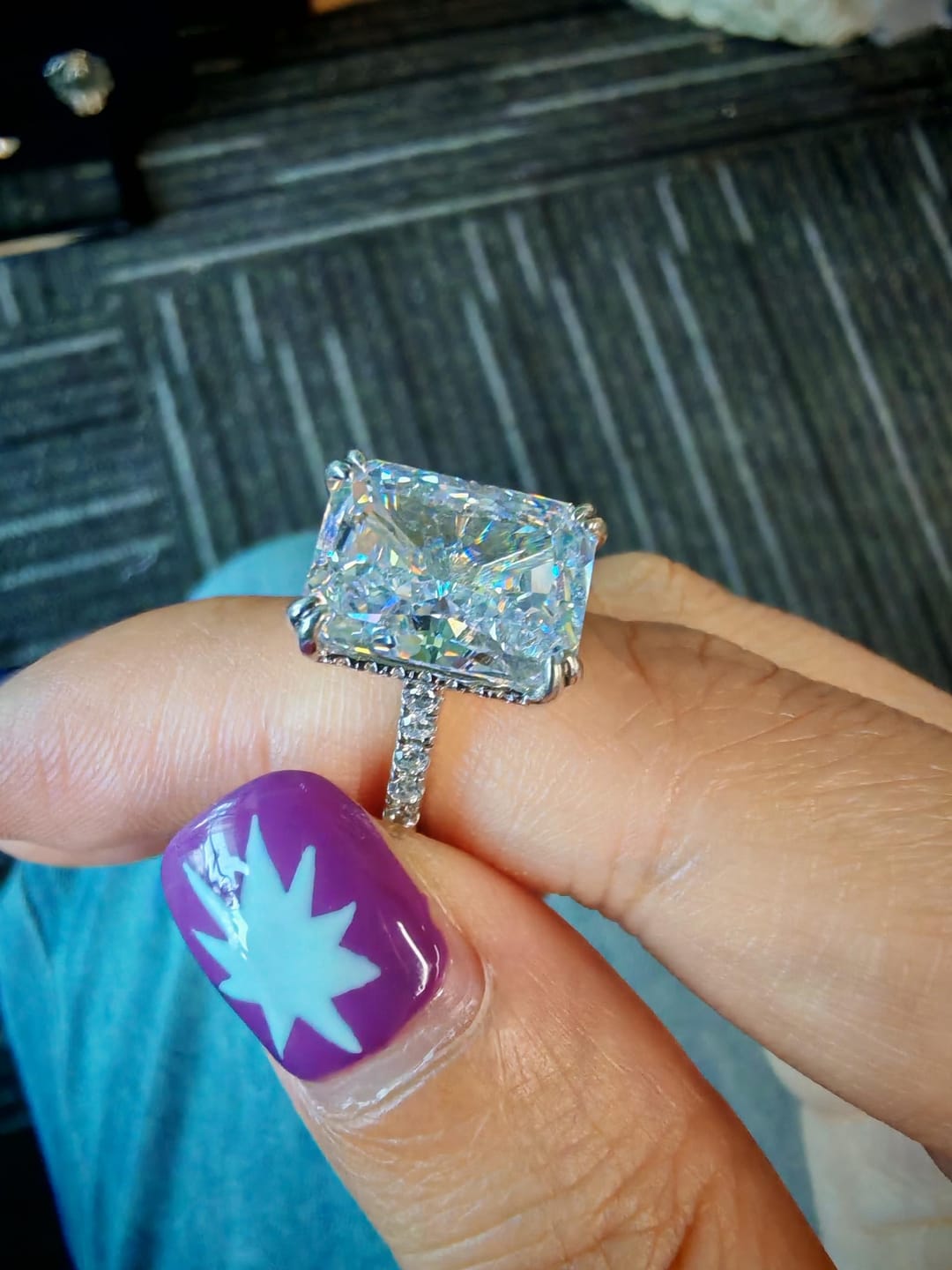 Customer photo review of S925 4.5Ct Radiant Cut Engagement Ring Moissanite/Simulated Diamond Solitaire Stackable Travel Ring For Women