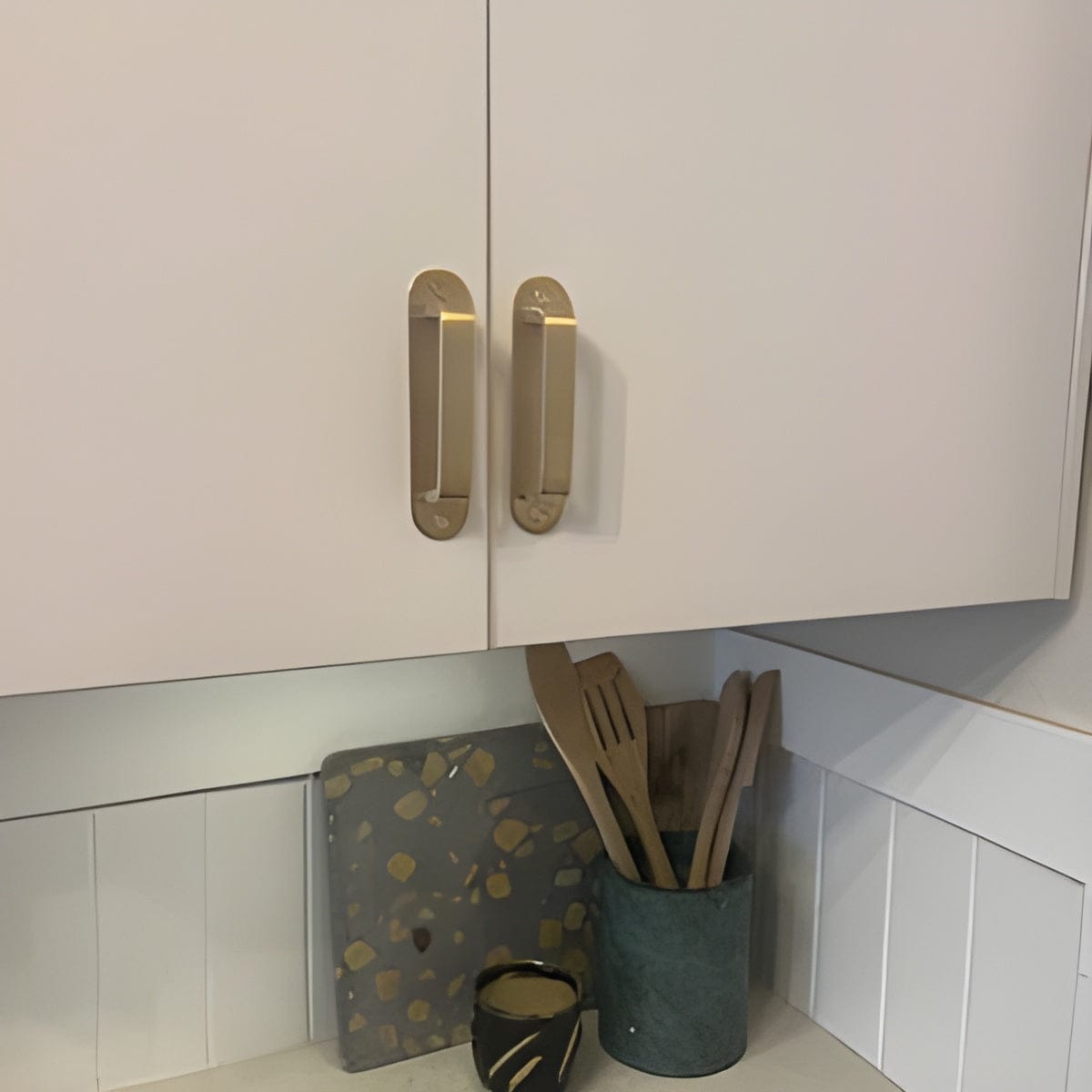 Customer photo review of Unlacquered Brass Brushed Round Drawer Pulls with Backplate