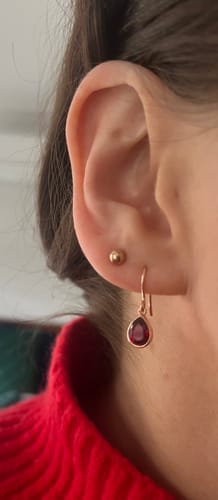 Customer photo review of Created Ruby Pear Shape Drop Earrings in 9ct Rose Gold