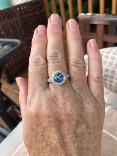 Customer photo review of Bedazzled Filigree Circle Opal Cremation Ring