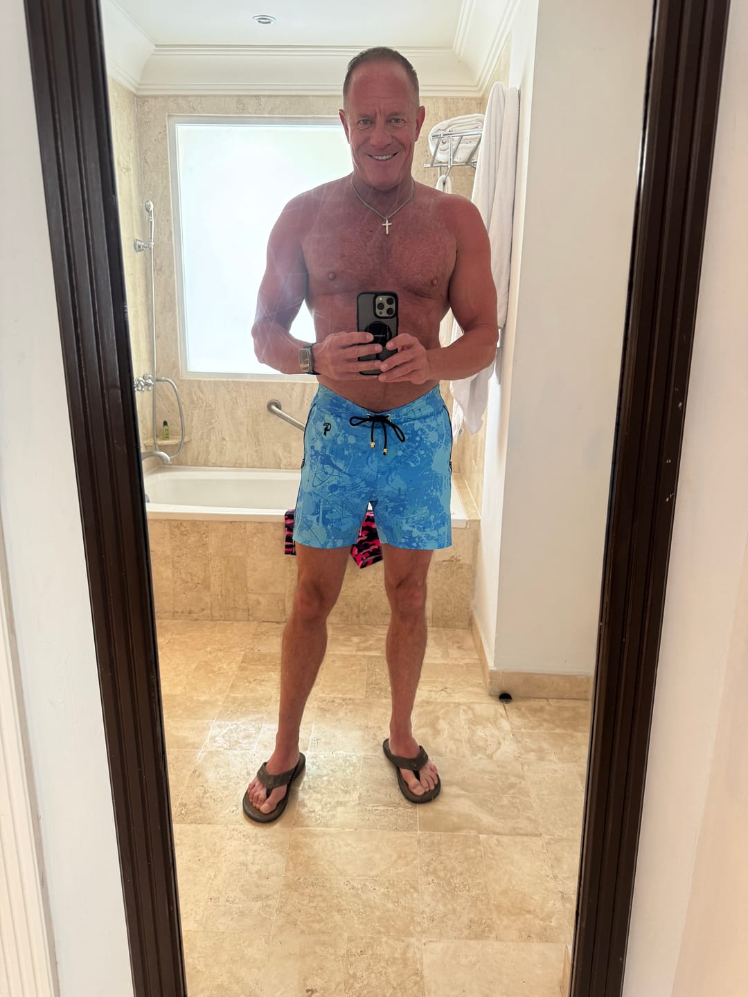 Customer photo review of Splatter Swim Shorts Blue - 5"