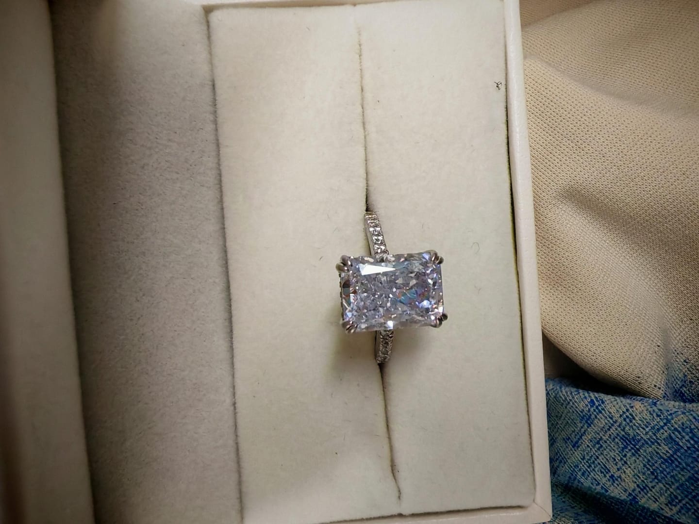 Customer photo review of S925 4.5Ct Radiant Cut Engagement Ring Moissanite/Simulated Diamond Solitaire Stackable Travel Ring For Women