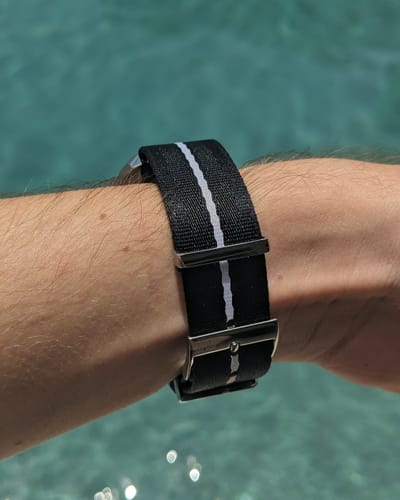 Customer photo review of Black Nylon Watch Strap with White Stripe