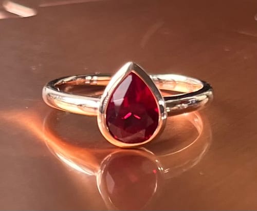 Customer photo review of Created Ruby Pear Shape Ring in 9ct Rose Gold