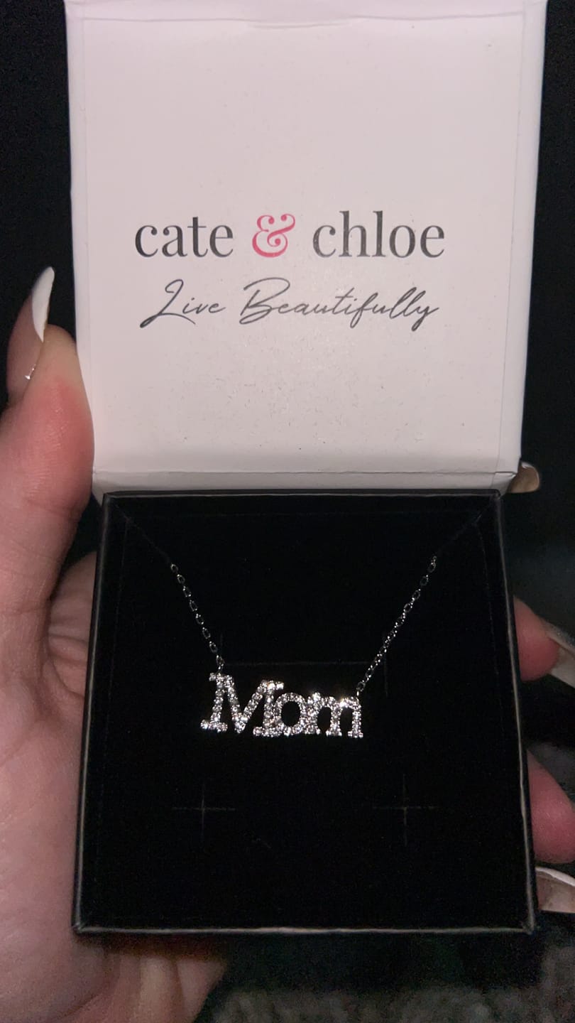 Customer photo review of Carrie 18k White Gold Plated Mom Necklace with Swarovski Crystals