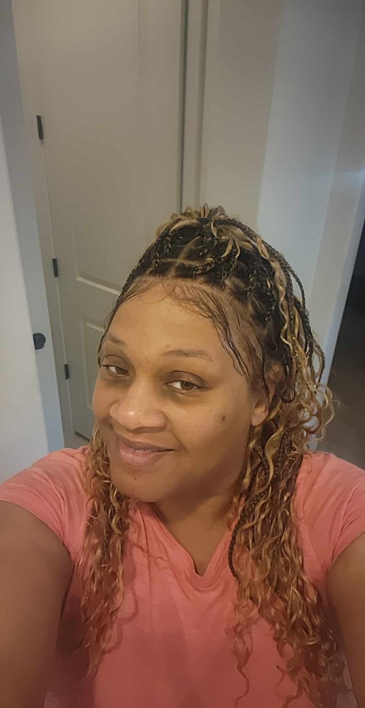 Customer photo review of Kiki -  24" Pre Bleached Human Hair Lace Base Swiss HD Full Lace Human Hair Curls Boho Box Braided Wig