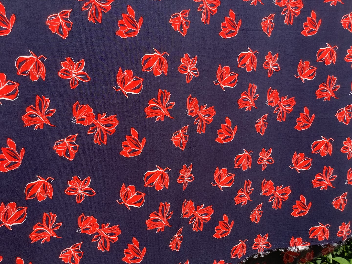 Customer photo review of Red Floral on Navy Viscose Challis Fabric