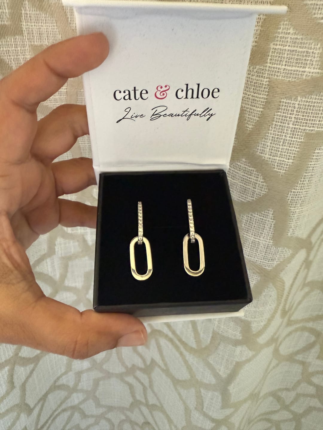 Customer photo review of Remington 18k White Gold Plated Dangle Chain Link Earrings with Swarovski Crystals