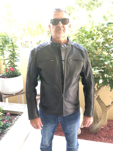 Customer photo review of 'ol Bobber' | Classic Leather Motorbike Jacket | Distressed Charcoal Brown Full Grain Leather